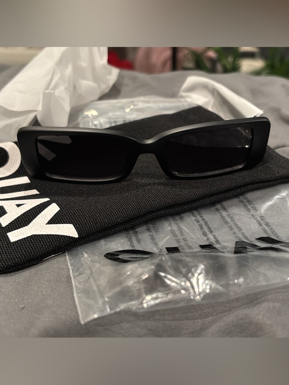 Quay Australia Matte Black Slim Rectangle Sunglasses